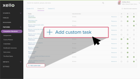 Educator account in Xello on the Completion Standards configuration page. At the bottom of the tasks list, the cursor is selecting Add custom task